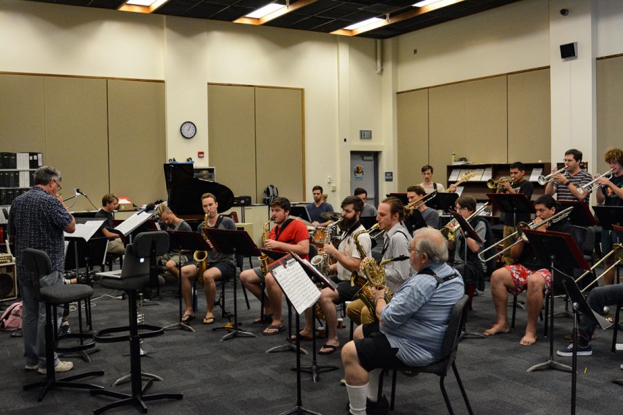 Conductor James Mooy guides the Lunch Break Band in one of their final rehearsals on Thursday, Sep. 12, 2019 in Room 105 of the Drama and Music Building on west campus at City College in Santa Barbara, Calif. The band's concert will take place at 7 p.m. on Saturday Sep. 14, 2019 at the Lobero Theater in Santa Barbara, Calif.