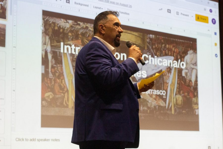 American Ethnic Studies Professor, Thomas A. Carrasco, talks about segregation and violence at his event Courageous Conversations for Outrageous Times in The Fe Bland Forum at City College on Saturday, Sept. 21, 2019, in Santa Barbara, Calif. He created this event to bring more awareness to social justice issues and to celebrate Hispanic Heritage Month.