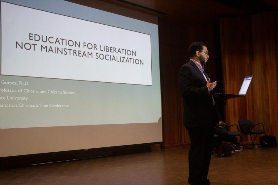 Chicano Scholar and Poet, Jonathon D. Gomez, shares his poem “There Are No Criminals Here,” with the audience at the Courageous Conversations for Outrageous Times event on Saturday, Sept. 21, 2019 at City College in Santa Barbara, Calif.