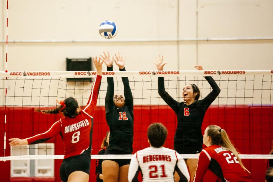 Lauren Wold (No.12) and Jordan Falconer (No.6) of City College exert to block a spike from Penelope Zepeda (No.8) of Bakersfield on Friday, Sept. 6 2019, in the Sports Pavillion at City College in Santa Barbara, Calif. The Vaqueros lost to The Renegades 3-0.