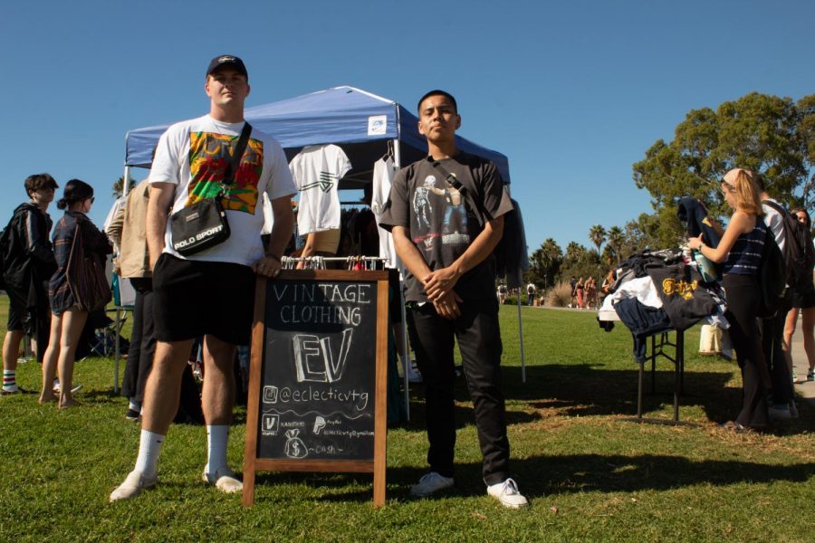 Kane Haskins (left) and Estevan Lucas (right) present their vintage clothing business Eclectic Vintage, where they sell t-shirts, hoodies and jackets at low prices on Wednesday Oct. 23, 2019, on the West Campus lawn at City College in Santa Barbara Calif. Haskins and Lucas set up shop every Wednesday near the Luria Library on the West Campus lawn.