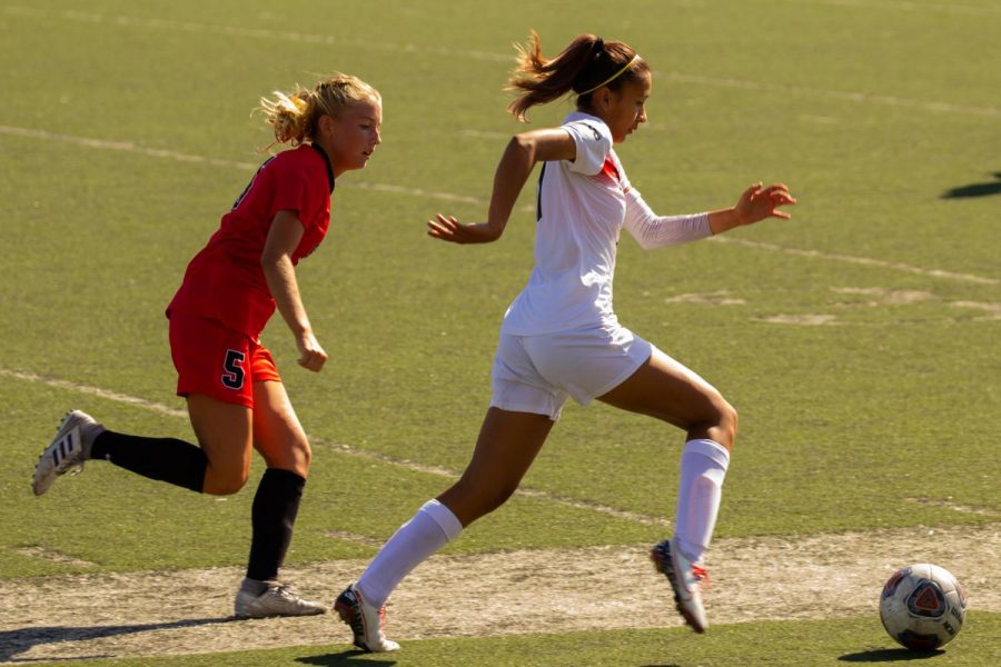 Olivia Berttsson (5) Chases down the ball to defend for the Vaqueros on Tuesday, Oct. 8, 2019, at La Playa Stadium at City College in Santa Barbara, Calif.