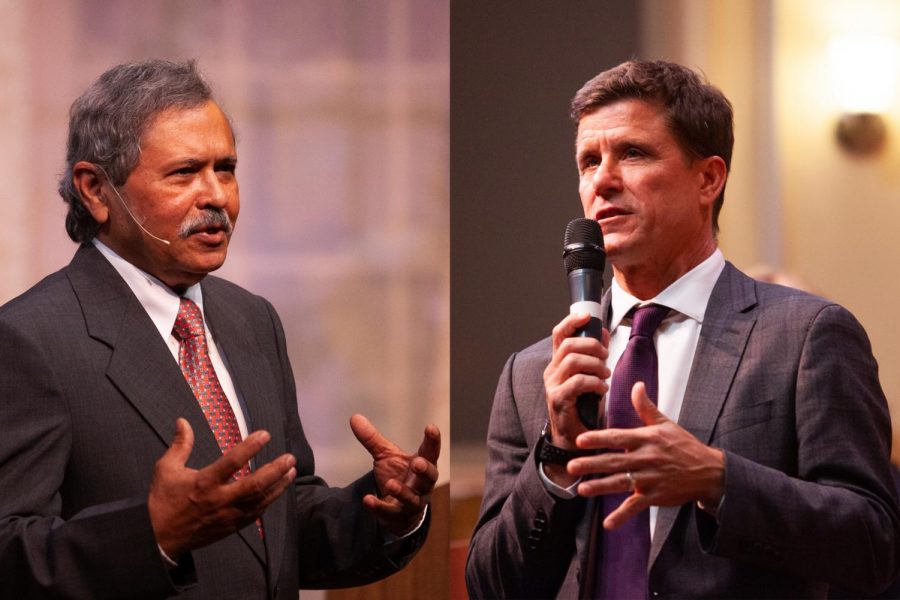 Dr. Utpal K. Goswami (left) and Dr. Kenneth Lawson spoke to City College in the Garvin Theatre and answered audience questions on Thursday, Oct. 24, 2019 at City College in Santa Barbara, Calif.