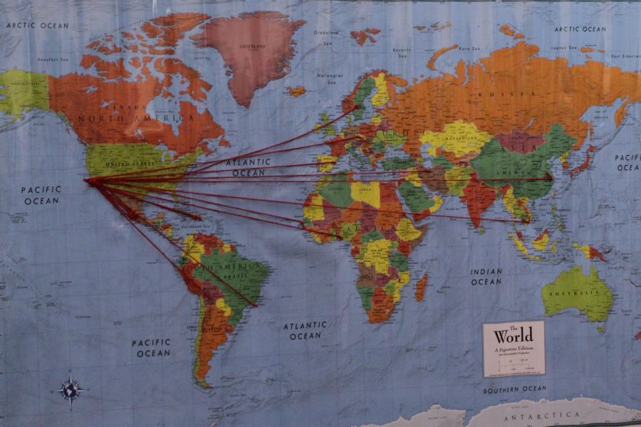 Each line of string leading to Santa Barbara is the journey of each of the foreign students that attended the event on Oct. 10, 2019, in the West Campus Center Room 207, at City College in Santa Barbara, Calif.