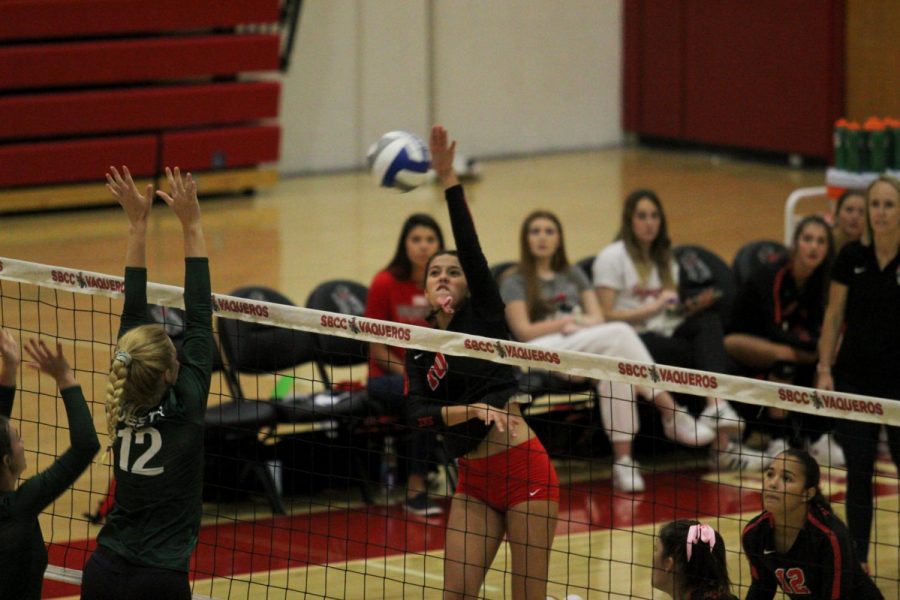 Gabi Brewer (No.10) getting her shot off on Friday, Oct. 11, 2019, in the Sports Pavilion at City College in Santa Barbara, Calif. After forcing over time the Vaqueros fell short losing 3-4 against Cuesta College.