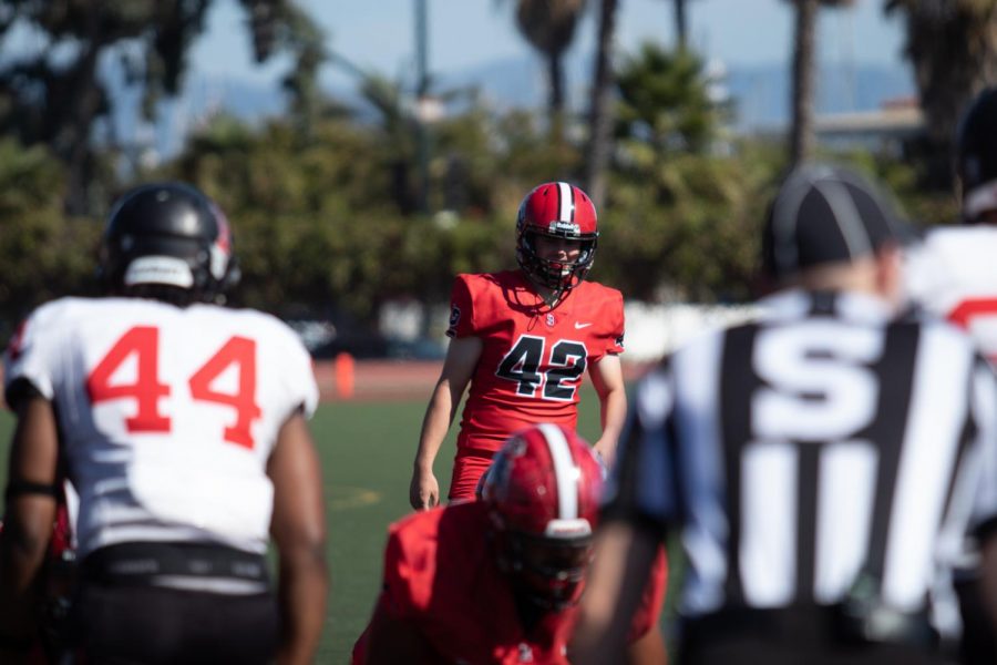 Jesse Mollkoy (42) prepares to kick an extra point on Saturday, Oct. 19, 2019, at La Playa Stadium at City College in Santa Barbara, Calif.