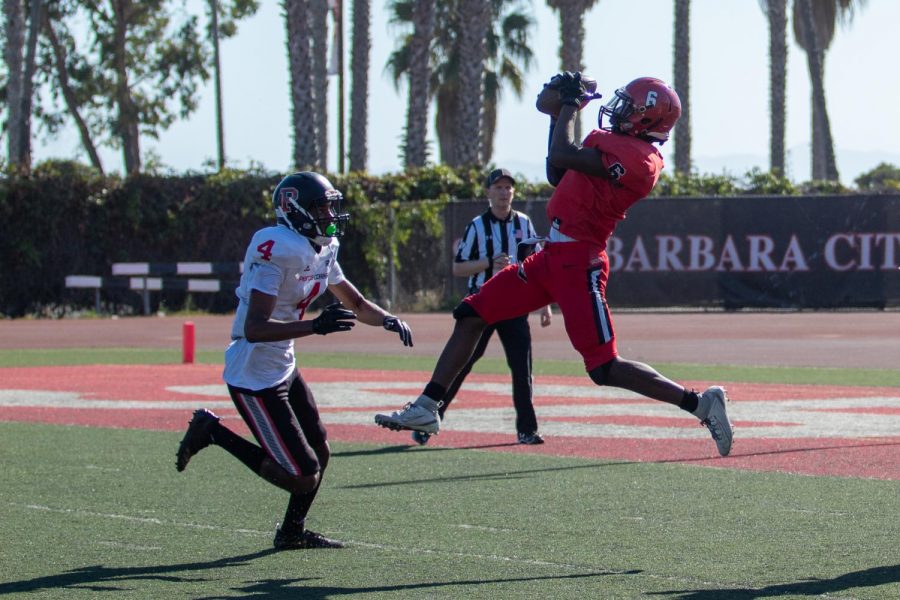 Patrick Dill Jr. (6) intercepts a pass intended for Kareem Miles (4) on Saturday, Oct. 19, 2019, at La Playa Stadium at City College in Santa Barbara, Calif.