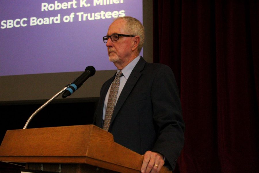 Board President Robert Miller reacts to questions asked by the audience of the "State of the College" presentation to the community on Oct. 3, 2019, at the Schott Campus in the James Tannahill Auditorium in Santa Barbara, Calif.