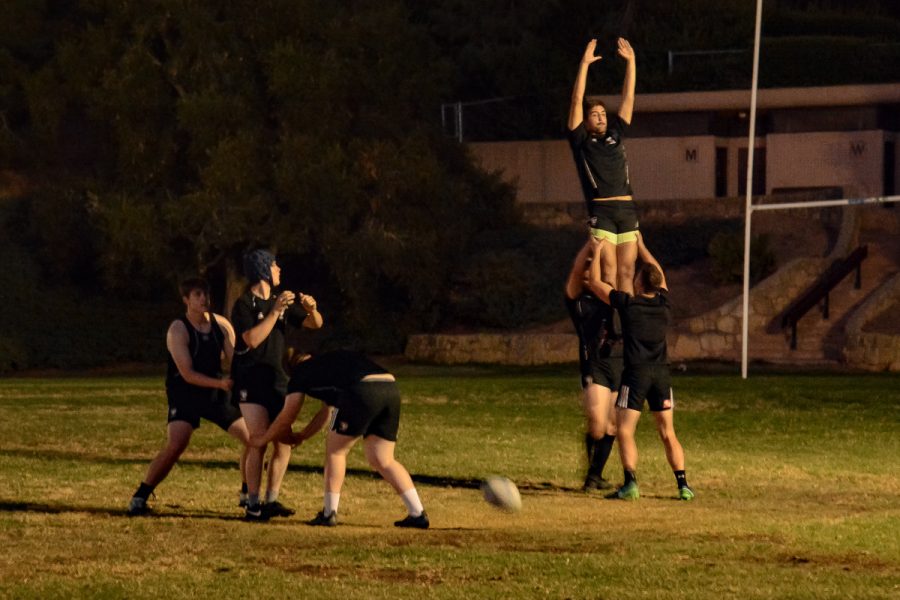 City College rugby players practice their line-out play configurations during their practice on Friday, Oct. 25, 2019, at Elings Park in Santa Barbara, Calif. A line-out play happens after the ball has gone out of play and teams fight for the ball with one of each team member in the air.