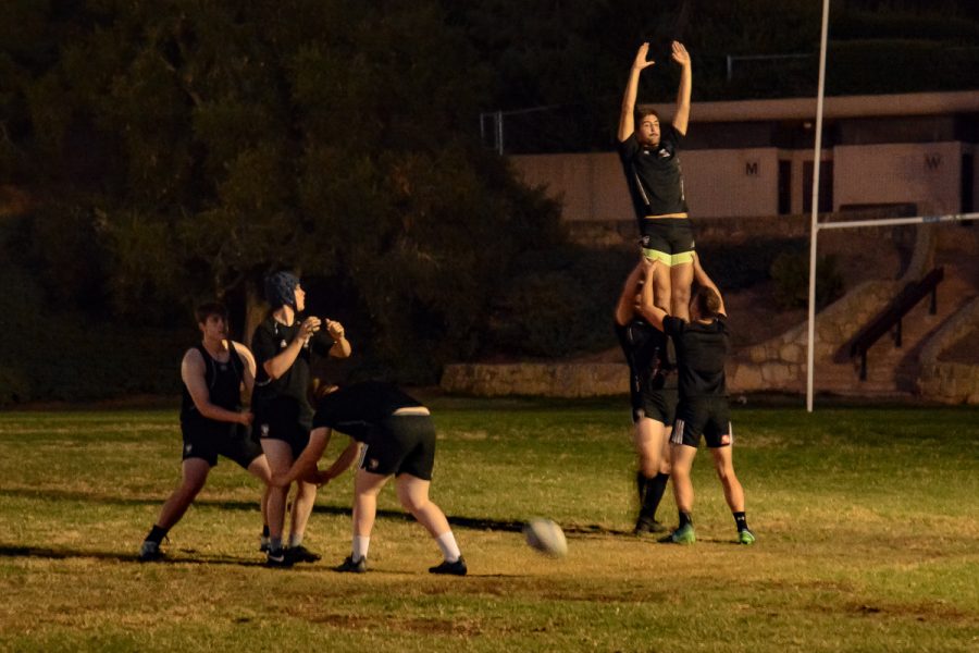 City College rugby players practice their line-out play configurations during their practice on Friday, Oct. 25, 2019, at Elings Park in Santa Barbara, Calif. A line-out play happens after the ball has gone out of play and teams fight for the ball with one of each team member in the air.