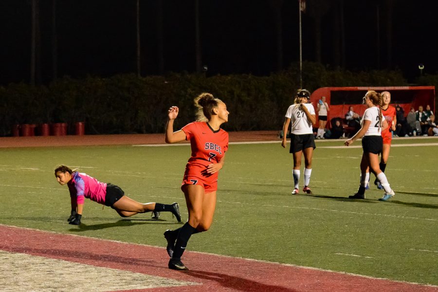 Forward Mekaylla White (No. 7) celebrates after scoring her first goal of the game against the Cuesta Cougars on Tuesday, Oct. 29, 2019 at La Playa Stadium at City College in Santa Barbara, Calif. White scored three of the four goals for the Vaqueros resulting in a 4-1 win for City College.