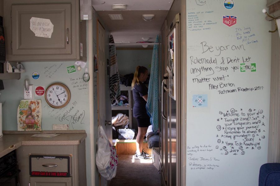 Alli Brinkerhoff stands inside the Roadtrip Nation RV where four explorers will sleep after their pit stop at City College in Santa Barbara, Calif., on Thursday, Oct. 10, 2019.