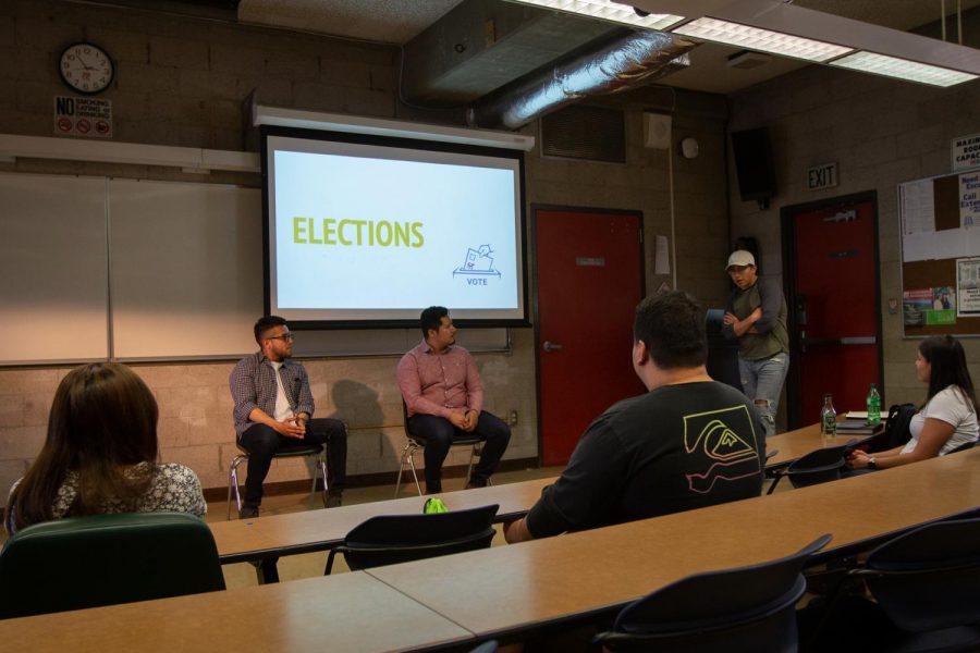 From left, Tyler Valderrama and Christopher Patzan-Lopez run for academic chair at the Society of Hispanic Professional Engineers (SHPE) Fall 2019 club election on Friday, Oct. 11, 2019, in Room 130 of the Physical Science building at City College in Santa Barbara, Calif.