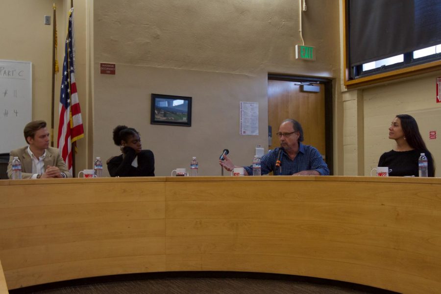 Second from right, Therapist and Antioch University Professor, Stuart Light addresses the alcohol problem within the college community and says that it correlates with social anxiety on Wednesday, Oct. 16, 2019, in the administration building at City College in Santa Barbara, Calif. Light was one of the four panel members to speak for the Movies for Mental Health event.