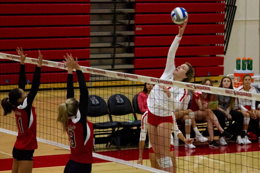 Madi Mullins (No.11) hits and scores a point for the Lady Vaqueros contributing to the 3-0 win against LA Pierce College on Wednesday, Oct. 9, 2019, in the Sports Pavilion at City College in Santa Barbara, Calif.