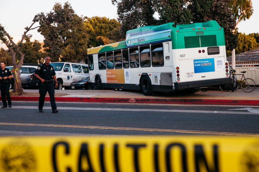 Metropolitan Transit District Bus 907 drove onto the sidewalk killing one woman, critically injuring one man and injuring several bus passengers on Wednesday, Oct. 9, 2019, on Chapala and West Figueroa Street in Downtown Santa Barbara, Calif.