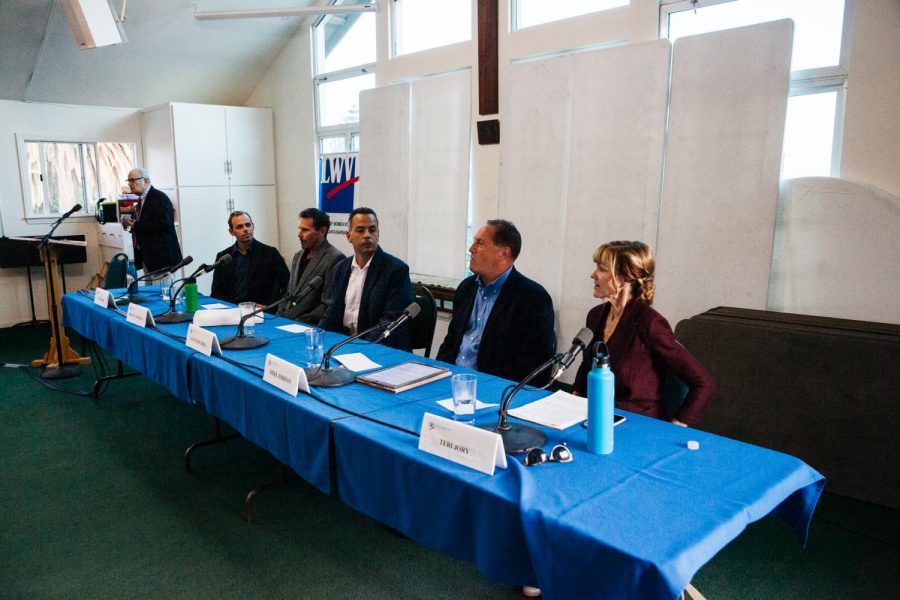 Candidates for the District 2 City Council seat gathered to answer community questions on Thursday, Oct. 10, 2019, in the Free Methodist Church on the Mesa in Santa Barbara, Calif. From right, Teri Jory, Mike Jordan, Luis Esparza, Brian Campbell and Travis Boise are running to take over the District 2 seat.