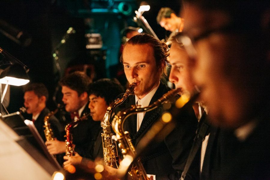 SBCC Good Times Big Band Saxophonists play for the Monday night jazz performance at sOhO Restaurant and Music Club on Oct. 21, 2019, in Downtown Santa Barbara, Calif. Eli Naania (Middle) played several saxophone solos during the show.