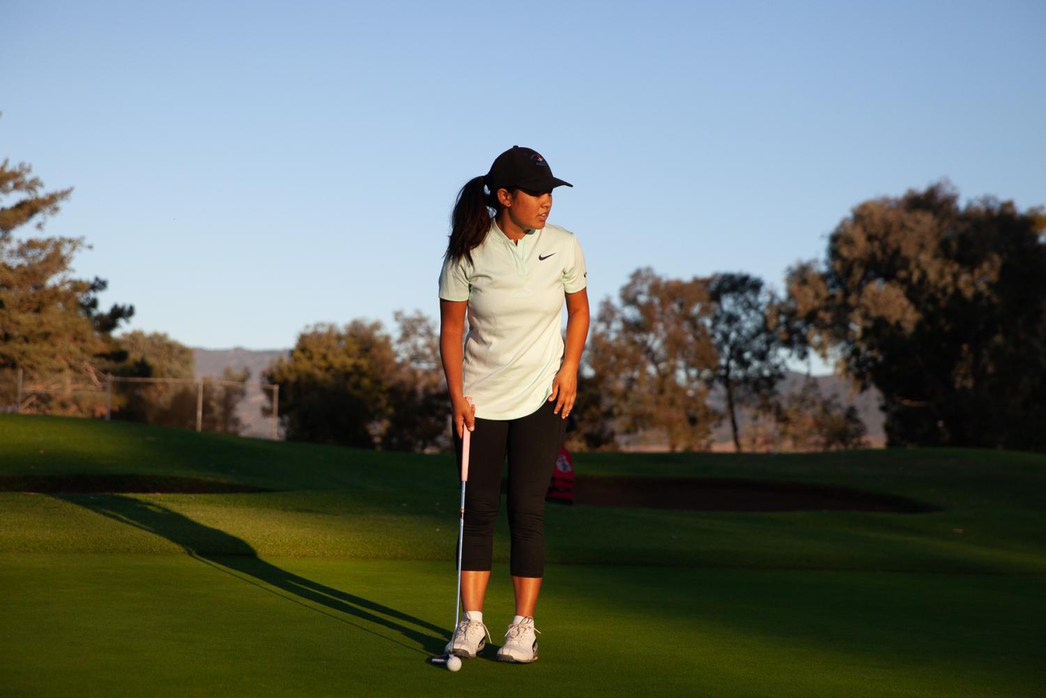 Pratima Sherpa stands on the hole five putting green at the Santa Barbara Golf Club during her 18 hole practice game early Wednesday, Oct. 23, 2019, in Santa Barbara, Calif. Sherpa is working to become the first pro female golfer from Nepal.