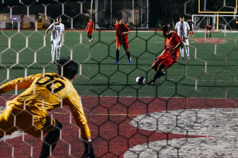 Saul Sosa kicks a goal scoring penalty kick on Tuesday, Oct. 8, 2019, at La Playa Stadium at City College in Santa Barbara, Calif. Sosa scored 2 points through penalty kicks helping lead the Vaqueros to a 3-0 win against the Citrus College Owls.