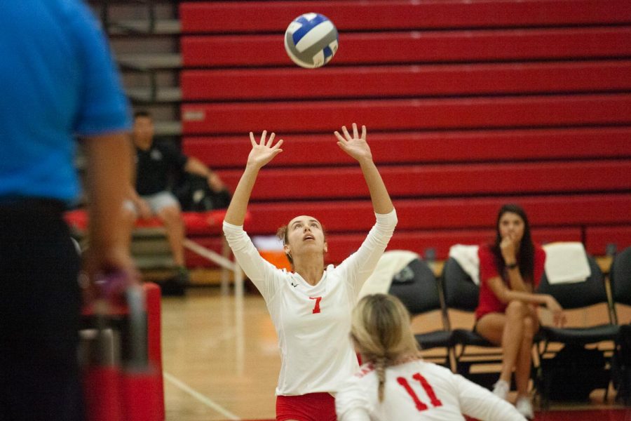 Maranda Newsom (No.7) sets the ball for Madi Mullins (No.11) to spike on Thursday, Oct. 23, 2019, in the Sports Pavilion at City College in Santa Barbara, Calif. The Vaqueros beat Moorpark College 3-2.