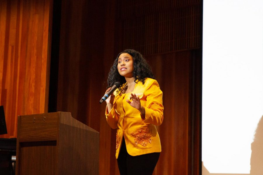 National Immigrants rights activist and undocumented Black DACA recipient Denea Joseph spoke in the Buisness Comunication Center about the challenges undocumented people face and changing the conversation on immagration on Thursday, Oct. 17, 2019, at City College in Santa Barbara, Calif. Joseph has been featured in The Los Angeles Times, Essence, Vogue and The Guardian for her views on immagration and her personal experiences.