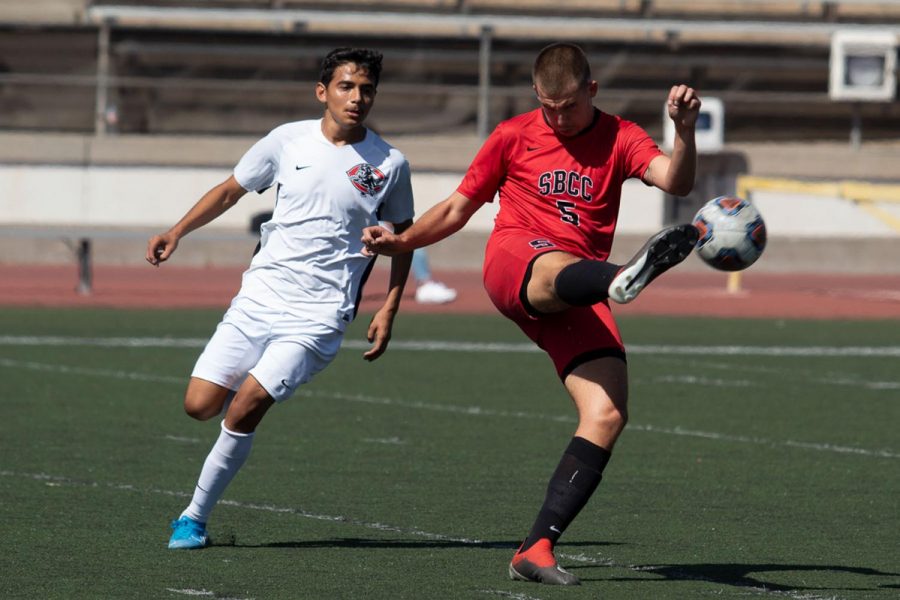 Roni Spektor (5) gets the ball away from Ivan Diaz (10) on Oct. 1, 2019, at La Playa Stadium in Santa Barbara, Calif.