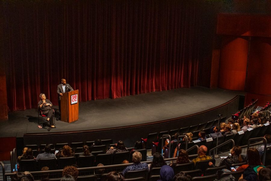 Dr. Marc Lamont Hill presents his speech Building Community in an Hour of Darkness on Wednesday, Nov. 13, 2019, in the Garvin Theatre at City College in Santa Barbara, Calif.