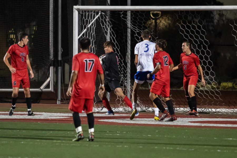 Christopher Robinson (No.10) and Luiz Garcia (No.17) attempt to block a penalty kick from the sideline, as it buzzes over their head they turn to address the other teams offense trying to push through the vaqueros’ defense Tuesday, Nov. 5, 2019, at La Playa Stadium at City College in Santa Barbara, Calif.