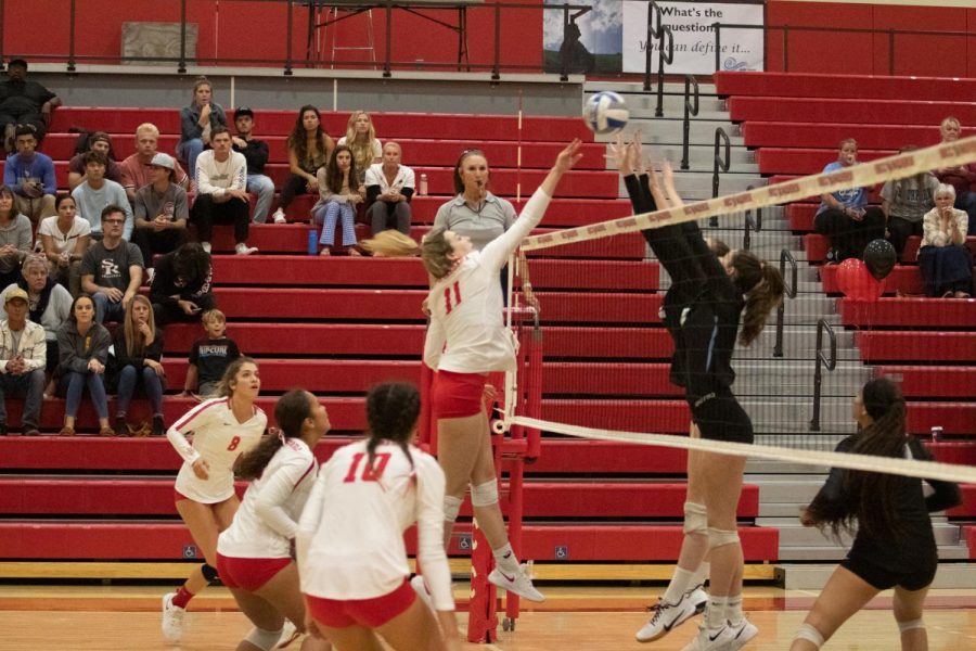 Madi Mullins(No.11) strikes the ball down and scores a point for the Vaqueros on Friday, Nov. 8, 2019 in the Sports Pavilion at City College in Santa Barbara, Calif.