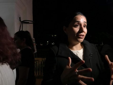 City Council District 1 candidate Alejandra Gutierrez meets with supporters outside Casa Blanca Restaurant & Cantina on Tuesday, Nov. 5, 2019, in Santa Barbara, Calif.