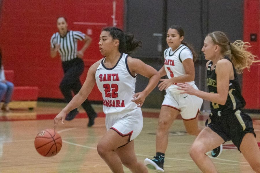 Jade Jones (No.22) breaks away from defenders before scoring on Sunday, Nov. 3, 2019, in the Sports Pavilion at City College in Santa Barbara, Calif. The Vaqueros move to 2-3 after the point.