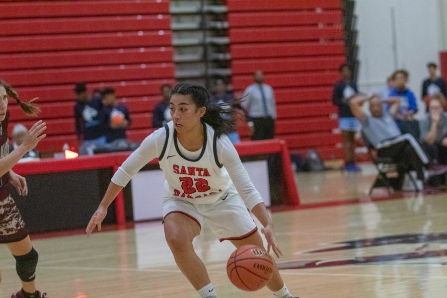 Jade Jones (No.22) breaks away before scoring 3 points on Saturday, Nov. 16, 2019, at the Sports Pavilion at City College in Santa Barbara, Calif.