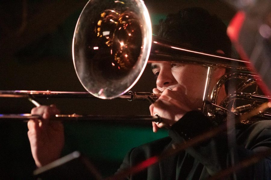 Trombonist, Douglas Swayne performs a cover of Frank Sinatra's song "Fly Me to the Moon" on Sunday, Nov. 3, 2019, at the SoHo Restaurant and Music Club in Santa Barbara, Calif.