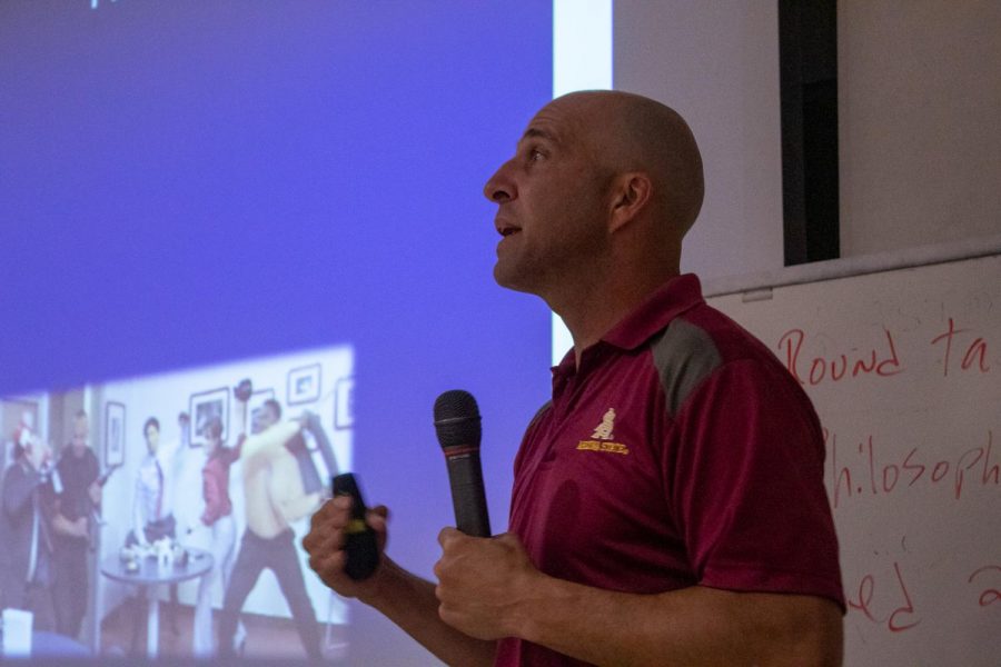 Lt. Shawn Hill explains how to fight in a run, hide or fight scenario on Tuesday, Nov. 19, 2019, in the MacDougall Administration Building at City College in Santa Barbara, Calif. Lt. Hill says to do what you know you can do and not to fight if you’re not a fighter.