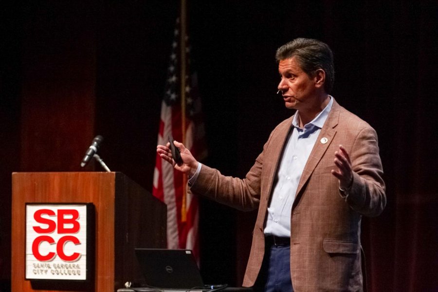 Chancellor of California Community Colleges Eloy Ortiz Oakley speaks to City College students and faculty members about the plans he has to improve the California City College program, fixing issues throughout the school system and increasing percentages of transfers to UC/CSU schools on Monday, Nov. 4th, 2019, in the Garvin Theater on West Campus at City College in Santa Barbara, Calif.