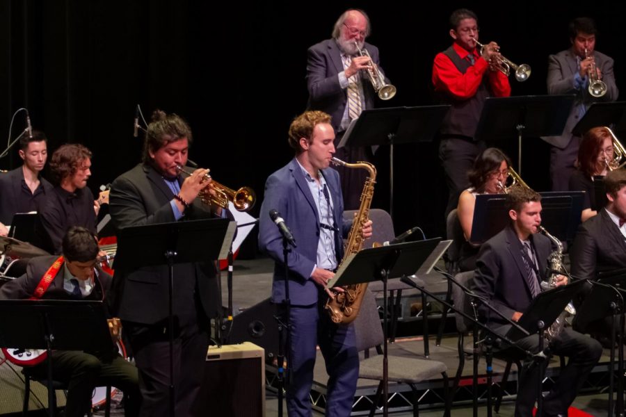 Kevin Roman on the trumpet and Matt Krepky on the saxophone performing a duet for the Good Times Big Band during the Jazz Ensemble Concert on Monday, Nov. 18, 2019, in the Garvin Theatre at City College in Santa Barbara, Calif.