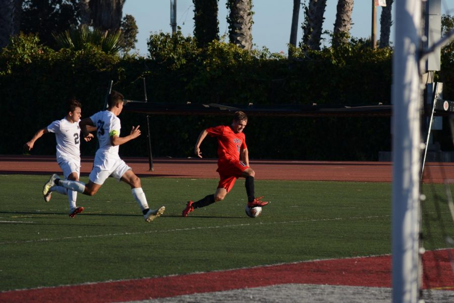 Christopher Robinson (No.10) beats two defenders to charge the goal during the Vaqueros game against Moorpark College on Friday, Nov. 8, 2019, at La Playa Stadium at City College in Santa Barbara, Calif. The Vaqueros won the game 2-1.