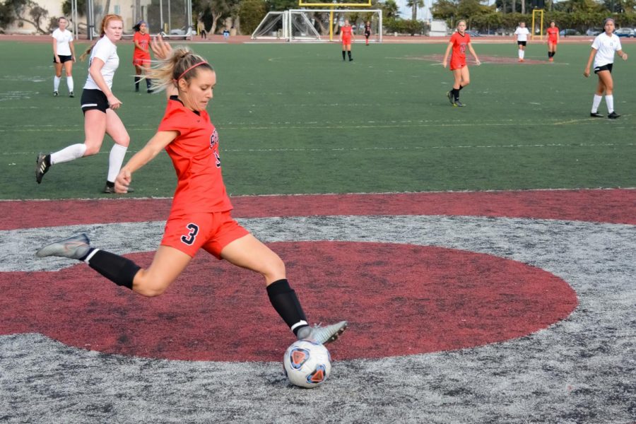 Taylor Valle (No. 3) takes a shot towards the goal during the second half of the game against Moorpark College on Nov. 15, 2019 at La Playa Stadium at City College in Santa Barbara, Calif. The Vaqueros won the game 5-0.