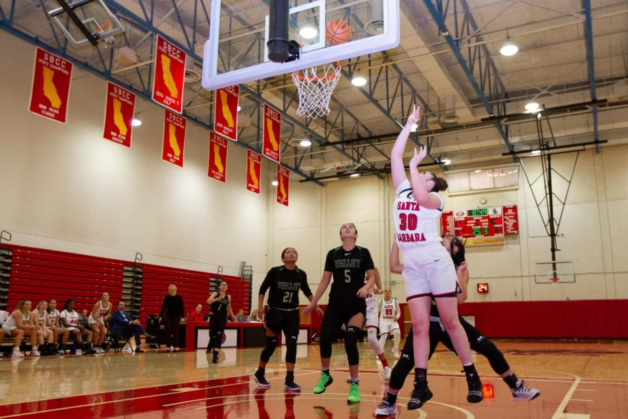 Freshman forward and center player Alyssa De Vries shoots and scores two points contributing to the win for the Vaqueros against the LA Valley College Monarchs on Thursday night, Nov. 21, 2019, in the Sports Pavilion at City College in Santa Barbara, Calif. The Vaqueros are now 5-1 in their league after a final score of 80-56 against The Monarchs.