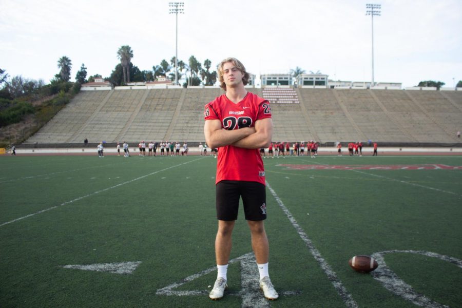 City College football player Jacob Shultz stands on La Playa Field before practice on Friday afternoon, Nov. 15, 2019, at City College in Santa Barbara, Calif. Shultz moved to Santa Barbara from Eugene, Ore. to play football for the Vaqueros as a defensive linemen.