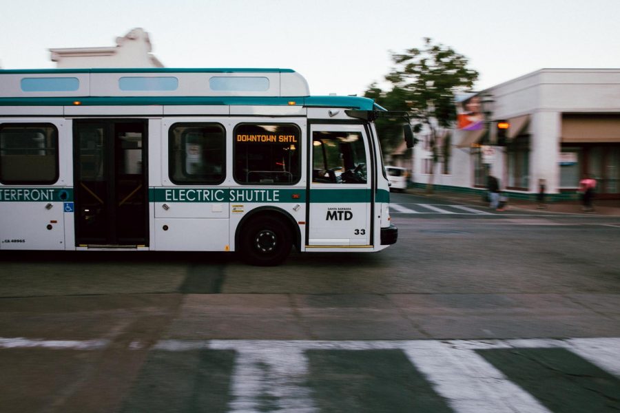 An MTD electric shuttle crosses W Ortega and State Street on Sunday, Nov. 24, 2019, in Downtown Santa Barbara, Calif.