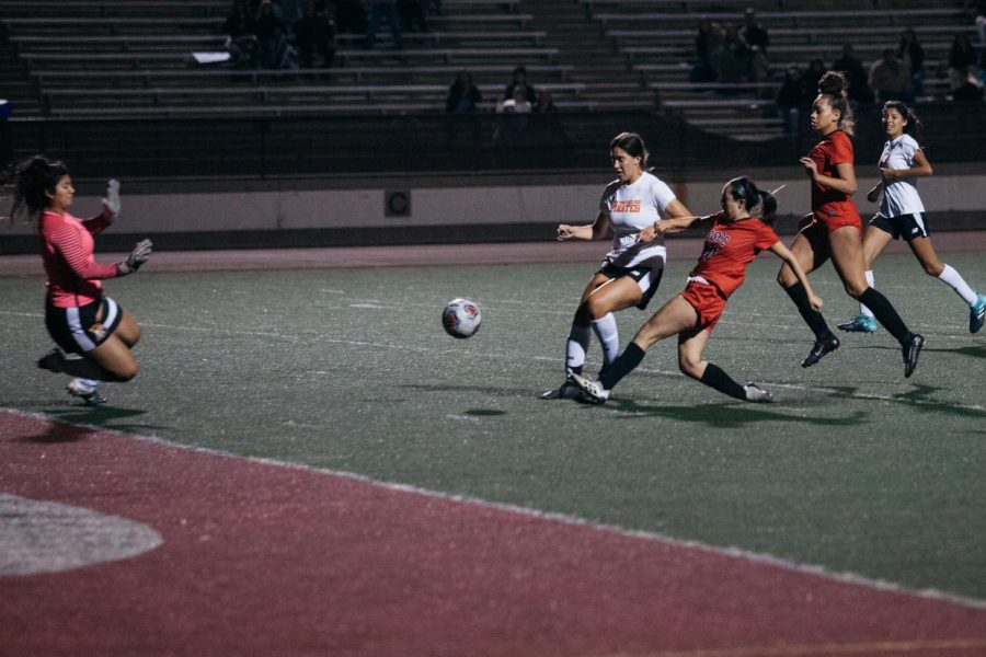 Alejandra Alvarez (No.20) shoots for a goal during the play-off game against Ventura on Saturday, Nov. 23, 2019, at La Playa Stadium at City College in Santa Barbara, Calif. The Vaqueros beat Ventura 2-1.