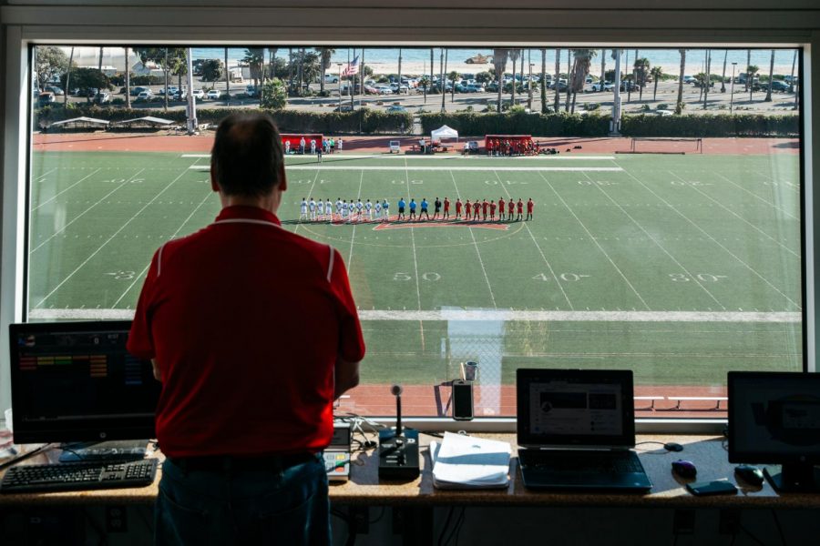 Dave Loveton stands for the national anthem before the City College soccer game against Moorepark on Friday, Nov. 8, at City College in Santa Barbara, Calif.