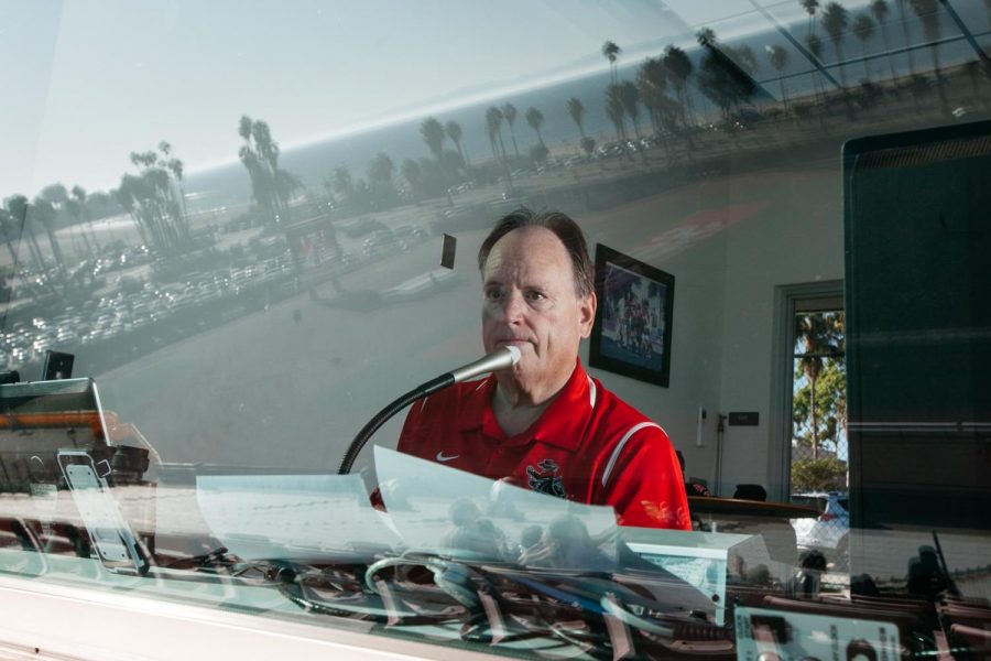 Sports Information Specialist and Journalist Dave Loveton watches the Vaqueros soccer game from the Press Box above La Playa Field to gather details for his sports reporting while announcing the game, tweeting updates and keeping score for the Vaqueros just before repeating the process for the volleyball game later that same evening on Friday, Nov. 8, 2019, at La Playa Stadium at City College in Santa Barbara, Calif. Loveton was diagnosed with kidney cancer in Jan. 2018, and after having his left kidney removed Loveton says his work for City College hasn’t been affected much on his road to recovery.