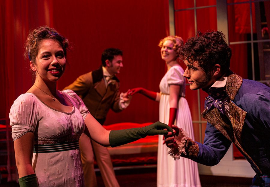 From left, Miranda Ortega, Ryan Ostendorf, Penny O’Mahoney and Ryan Rathbun in the SBCC Theatre Arts Department production of Jane Austen’s SENSE AND SENSIBILITY by Kate Hamill, directed by Katie Laris.