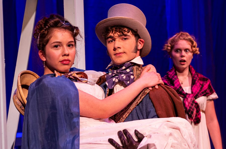(l-r) Miranda Ortega, Ryan Ostendorf, Penny O’Mahoney and Ryan Rathbun in the SBCC Theatre Arts Department production of Jane Austen’s SENSE AND SENSIBILITY by Kate Hamill, Directed by Katie Laris, November 13-23, 2019, Jurkowitz Theatre, SBCC West Campus.