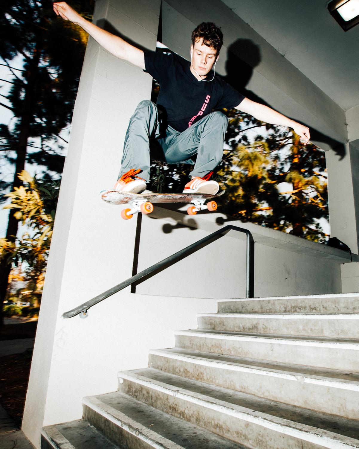  Economics Major and skater Dylan Osgood ollies seven stairs on Wednesday, Nov. 17, outside of the Administration Building’s east side face at City College in Santa Barbara, Calif. Osgood has been skating for 13 years. 
