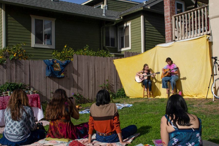 From left, The Yackenlada Sisters Hana Ulep and Hailey Zheng play for the crowd at the Venus Collective popup on Friday, Jan. 24, 2020 in Santa Barbara, Calif.