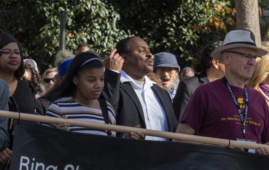 Reverend Roderick Murray chants quotes from Dr. Martin Luther King Jr. during the bridge crossing event in honor of Martin Luther King Day and the Edmund Pettus Bridge crossing for African American voting rights in 1965, Saturday, Jan. 18, 2020, at City College in Santa Barbara, Calif.